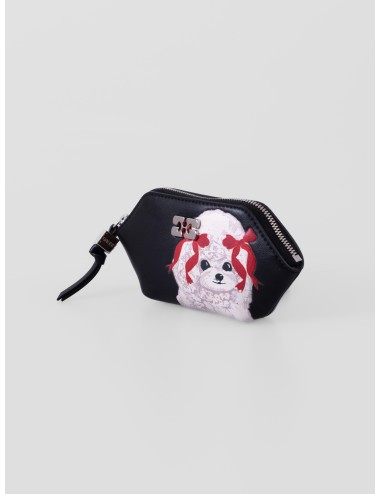 Pouch de piel negra GANNI B3010115 con ilustración de caniche para mujer disponible en MARFRANC