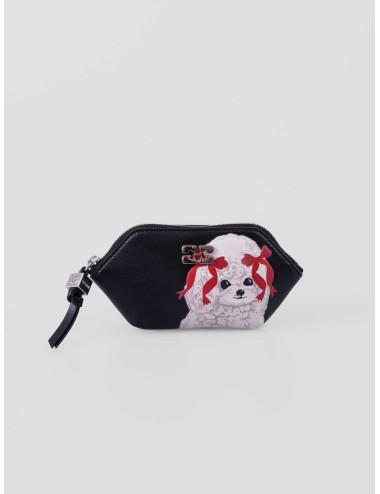 Pouch de piel negra GANNI B3010115 con ilustración de caniche para mujer disponible en MARFRANC