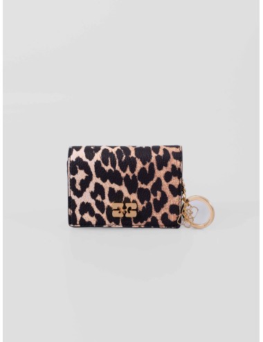 Cartera GANNI Leopard Grained Bou Card Holder With Flap en estampado leopardo Almond Milk para mujer - MARFRANC