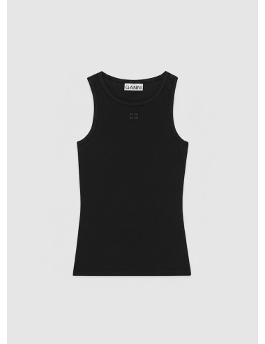 Top GANNI Black Soft Cotton Rib Tank Top T3898 negro de tirantes para mujer en canalé de algodón orgánico.