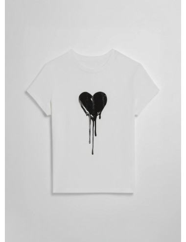 Camiseta Zadig & Voltaire Walk blanca para mujer en algodón con corazón negro dripping de strass.