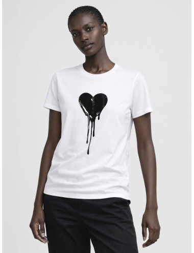 Camiseta Zadig & Voltaire Walk blanca para mujer en algodón con corazón negro dripping de strass.