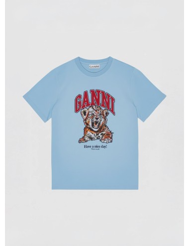 Camiseta GANNI Blue Relaxed Tiger T-shirt Blissful Blue para mujer en algodón orgánico con print tigre