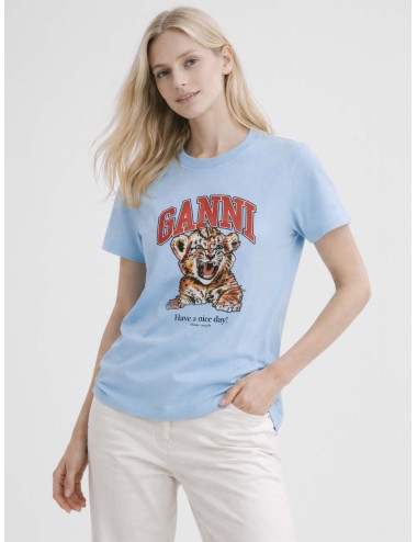 Camiseta GANNI Blue Relaxed Tiger T-shirt Blissful Blue para mujer en algodón orgánico con print tigre