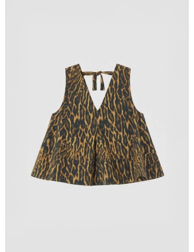 Top GANNI Leopard Top A1040087 khaki para mujer en algodón orgánico con escote en V y lazo espalda.