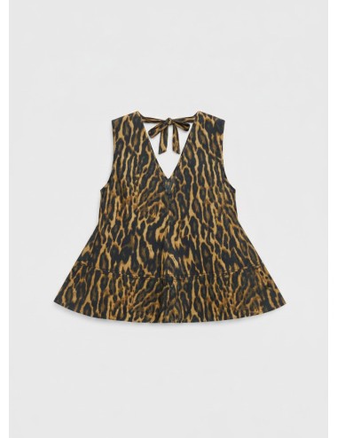 Top GANNI Leopard Top A1040087 khaki para mujer en algodón orgánico con escote en V y lazo espalda.