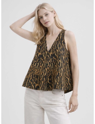 Top GANNI Leopard Top A1040087 khaki para mujer en algodón orgánico con escote en V y lazo espalda.