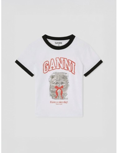 Camiseta GANNI White Cropped Kitty T-shirt bright white para mujer en algodón orgánico cropped con estampado de gatito.