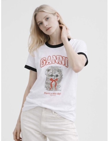 Camiseta GANNI White Cropped Kitty T-shirt bright white para mujer en algodón orgánico cropped con estampado de gatito.