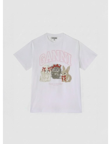 Camiseta GANNI White Animals Print bright white para mujer en algodón orgánico con estampado de animales.