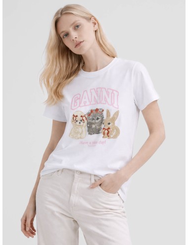 Camiseta GANNI White Animals Print bright white para mujer en algodón orgánico con estampado de animales.
