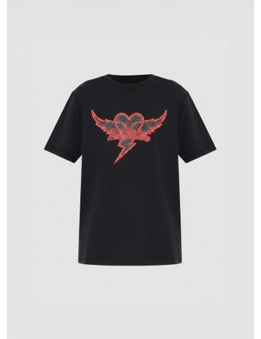 Camiseta Zadig & Voltaire Edwin negra para mujer en algodón con strass “heart wings” delantero.