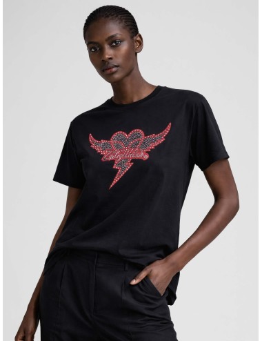 Camiseta Zadig & Voltaire Edwin negra para mujer en algodón con strass “heart wings” delantero.