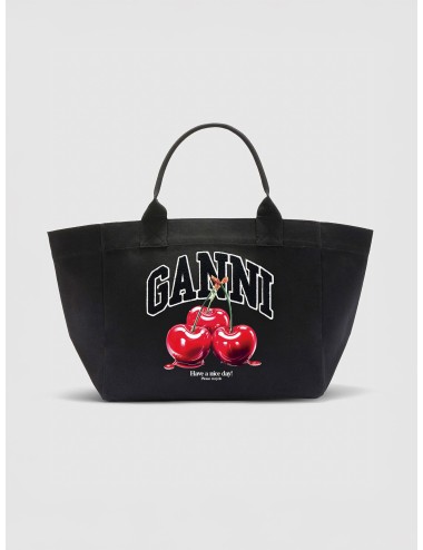Bolso tote negro GANNI Black XXL Cherry Tote con estampado frontal de cerezas y logo gráfico