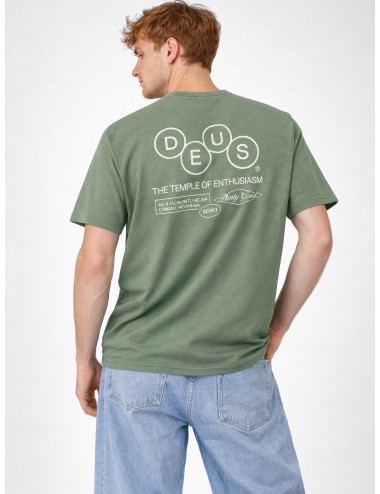Camiseta verde Loden Frost Green Deus Ex Machina Mechanism Tee con gráfico trasero The Temple of Enthusiasm