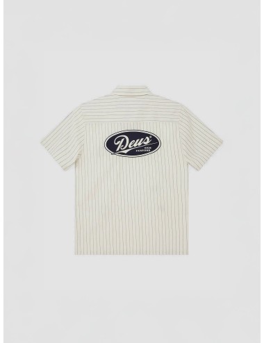 Camisa a rayas Dirty White Deus Ex Machina Fore Court Stripe con parches bordados y gráfico trasero ovalado