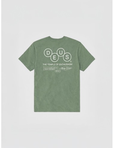 Camiseta verde Loden Frost Green Deus Ex Machina Mechanism Tee con gráfico trasero The Temple of Enthusiasm