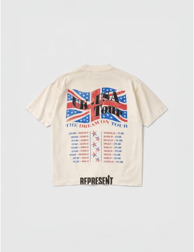 Camiseta Represent Dream On Tour en color washed ecru con fit oversized, estampado frontal y trasero con acabado vintage.