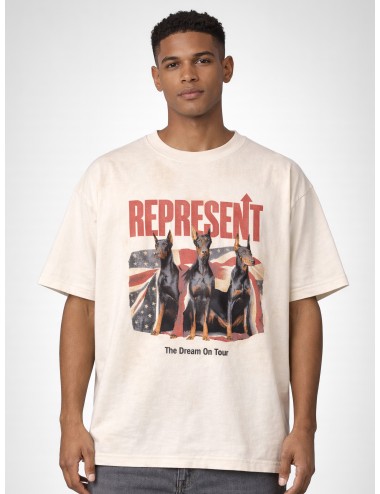 Camiseta Represent Dream On Tour en color washed ecru con fit oversized, estampado frontal y trasero con acabado vintage.