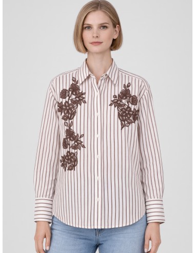 Ermanno Firenze - D48EK037ES2 - Marrón blanco - Camisa rayada bordada - Mujer - Seda bordada - MARFRANC