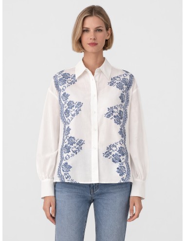 Ermanno Firenze - D48EK040ET0 - Blanco azul - Camisa encaje floral - Mujer - Lino viscosa - MARFRANC