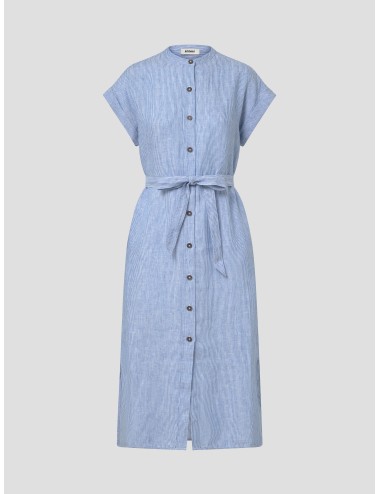 Vestido camisero rayas azul blanco ECOALF Amatista mujer lino ligero cinturón largo midi aberturas laterales