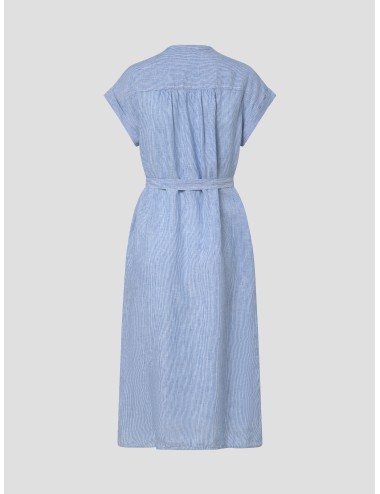 Vestido camisero rayas azul blanco ECOALF Amatista mujer lino ligero cinturón largo midi aberturas laterales
