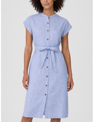 Vestido camisero rayas azul blanco ECOALF Amatista mujer lino ligero cinturón largo midi aberturas laterales