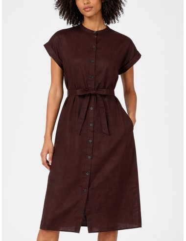 Vestido camisero color cocoa ECOALF Amatista mujer lino ligero manga corta cinturón largo midi