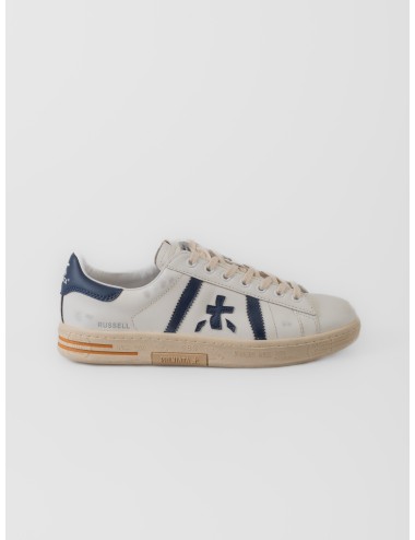 Zapatilla blanca y azul Premiata Russell 8028 con paneles en contraste y suela gráfica