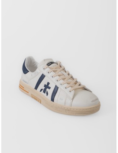 Zapatilla blanca y azul Premiata Russell 8028 con paneles en contraste y suela gráfica