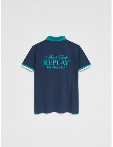 Polo azul marino Replay Monte Carlo Country Club Collection con cuello turquesa y bordado trasero maxi