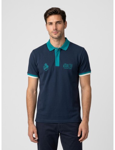 Polo azul marino Replay Monte Carlo Country Club Collection con cuello turquesa y bordado trasero maxi