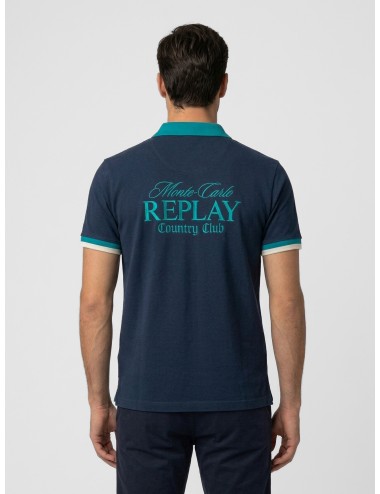 Polo azul marino Replay Monte Carlo Country Club Collection con cuello turquesa y bordado trasero maxi