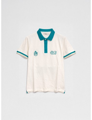 Polo blanco Gardenia Replay Monte Carlo Country Club Collection con cuello turquesa y gráfico trasero maxi