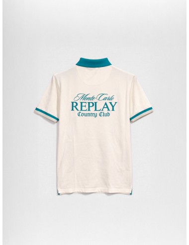 Polo blanco Gardenia Replay Monte Carlo Country Club Collection con cuello turquesa y gráfico trasero maxi