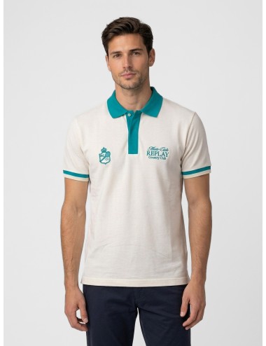 Polo blanco Gardenia Replay Monte Carlo Country Club Collection con cuello turquesa y gráfico trasero maxi