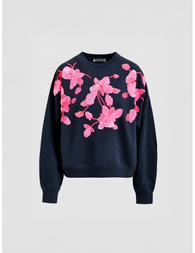 sudadera Essentiel Antwerp mujer Jaga navy con lentejuelas flores rosa