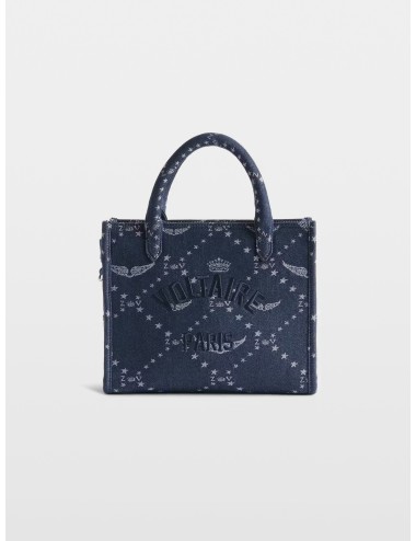 Bolso denim Silent Zadig&Voltaire Angel Tote XS Monogram con bordado Voltaire Paris y bandolera extraíble.