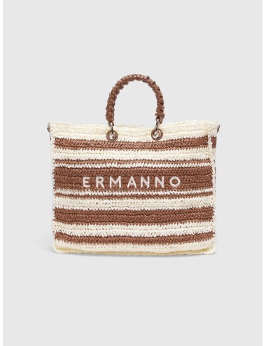 Bolso shopping crema Ermanno Firenze a rayas con logo bordado y asas trenzadas