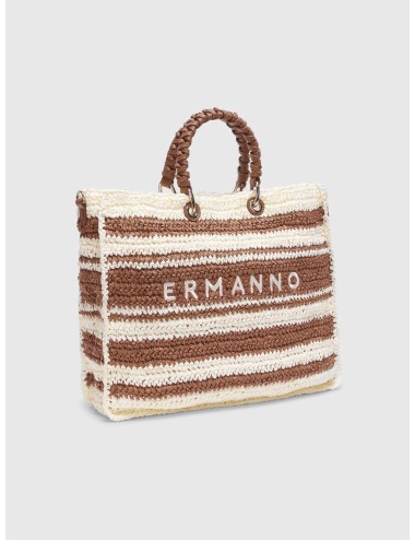 Bolso shopping crema Ermanno Firenze a rayas con logo bordado y asas trenzadas
