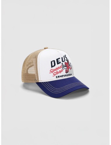 Gorra Dirty White Deus Ex Machina Dugleg Trucker con bordado Speed Shop y visera azul