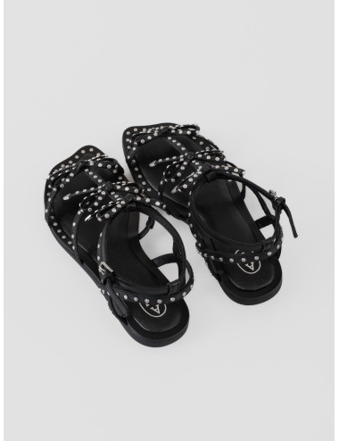 Sandalia plana negra ASH Gladius con tiras finas, lazos decorativos y aplicaciones metálicas