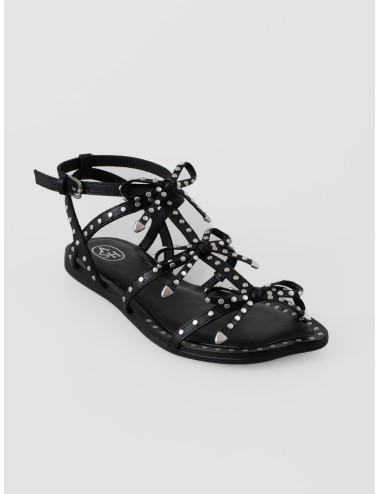 Sandalia plana negra ASH Gladius con tiras finas, lazos decorativos y aplicaciones metálicas