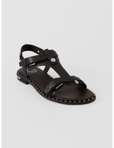 Sandalia plana oscura ASH Piper con tira en T, hebillas metálicas y tachas plateadas