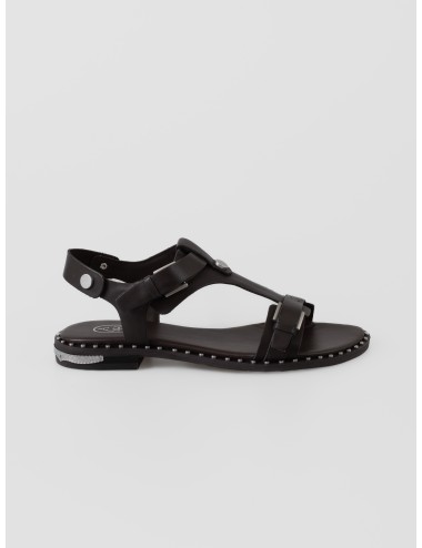 Sandalia plana oscura ASH Piper con tira en T, hebillas metálicas y tachas plateadas