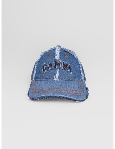 Gorra denim multicolor GANNI B3020078 con bordado frontal y acabado deshilachado