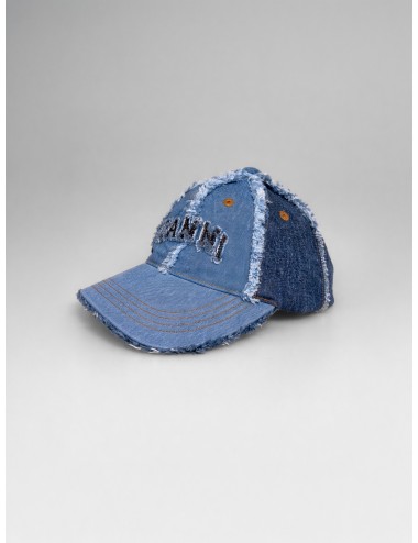 Gorra denim multicolor GANNI B3020078 con bordado frontal y acabado deshilachado