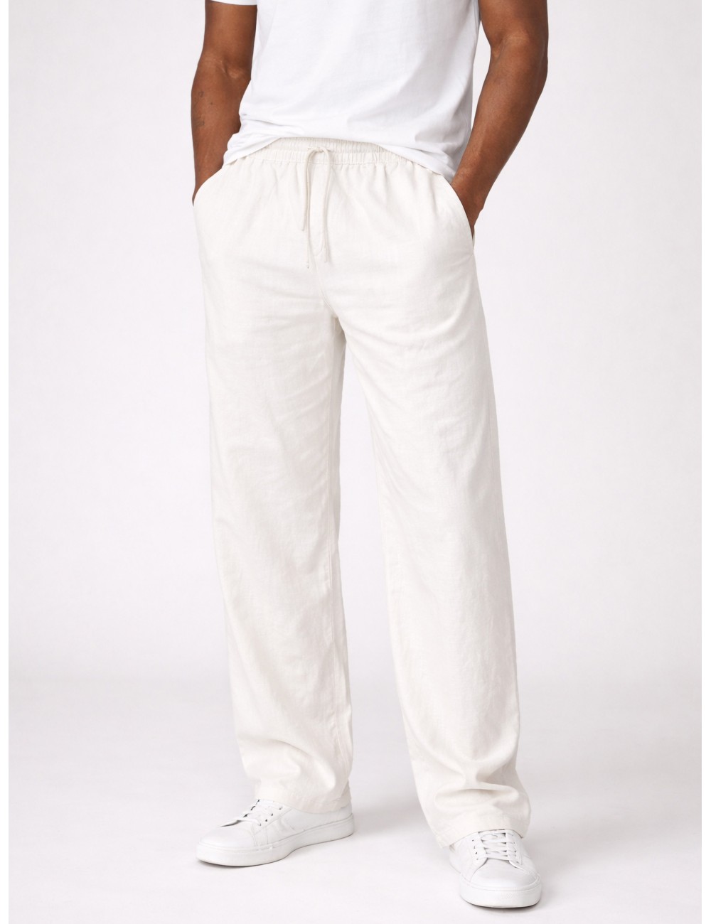 Pantalón Eggnog White Les Deux Patrick Linen Pants con cintura elástica y cordón ajustable
