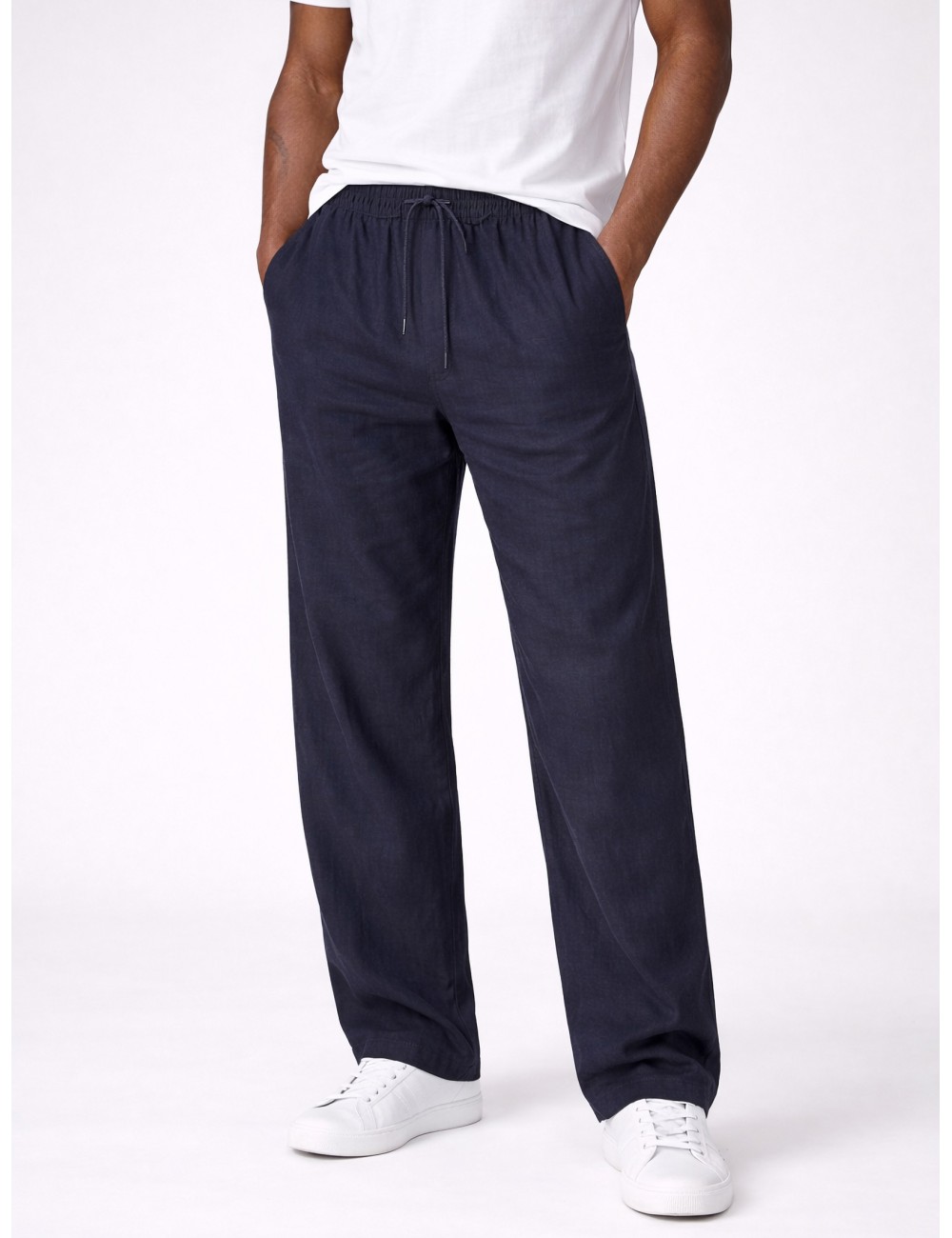 Pantalón Dark Navy Les Deux Patrick Linen Pants con cintura elástica y cordón ajustable